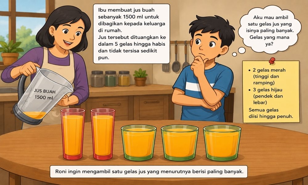 Ibu menuang jus dan Roni memperkirakan isi gelas